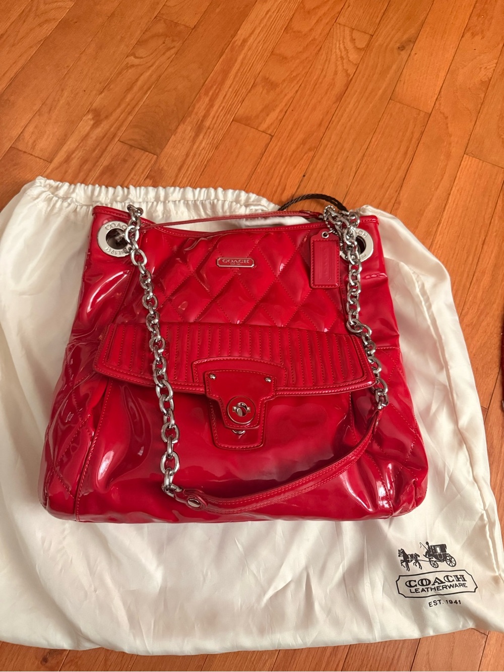 Coach Red Quilted Patent Shoulder Bag with Silver Chain